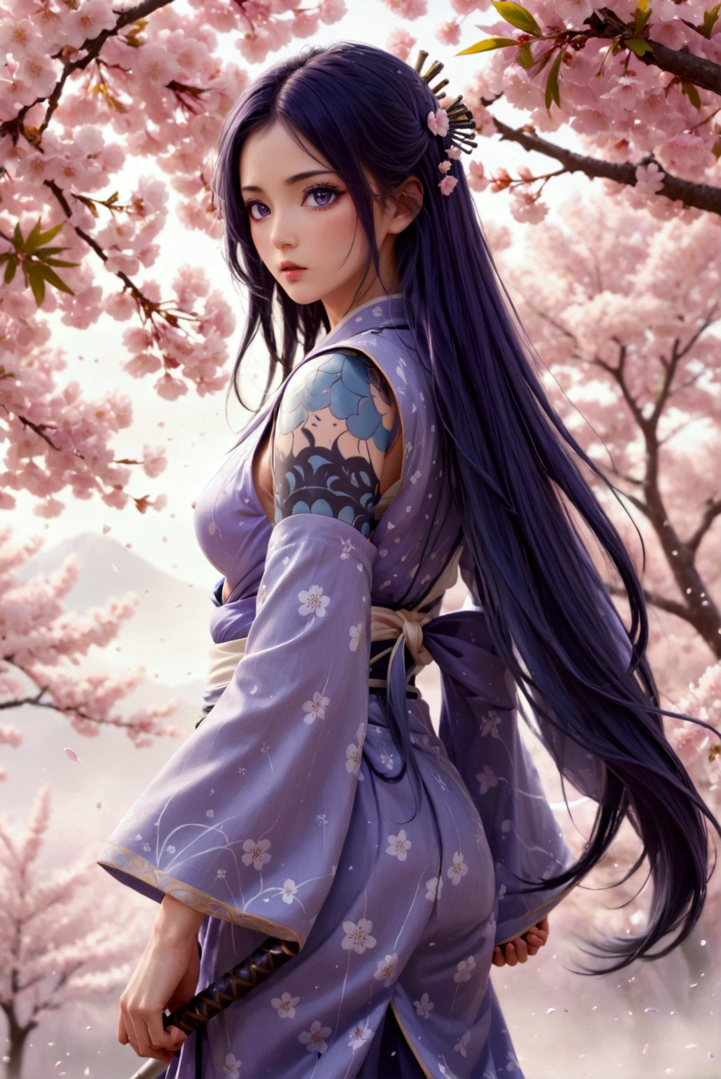 4K anime style quality, digital drawing mode, a graceful female samurai princess with long indigo hair flowing gently behind her, lavender eyes, wearing a sleeveless lavender and cream kimono with subtle cloud patterns and a fitted mesh undershirt, standing in a serene ground with cherry blossoms falling around her, calm and determined expression, full body, poised stance, soft ambient lighting, perfect anatomy, intricate fabric detailing, full HD, 4K, HDR, depth of field