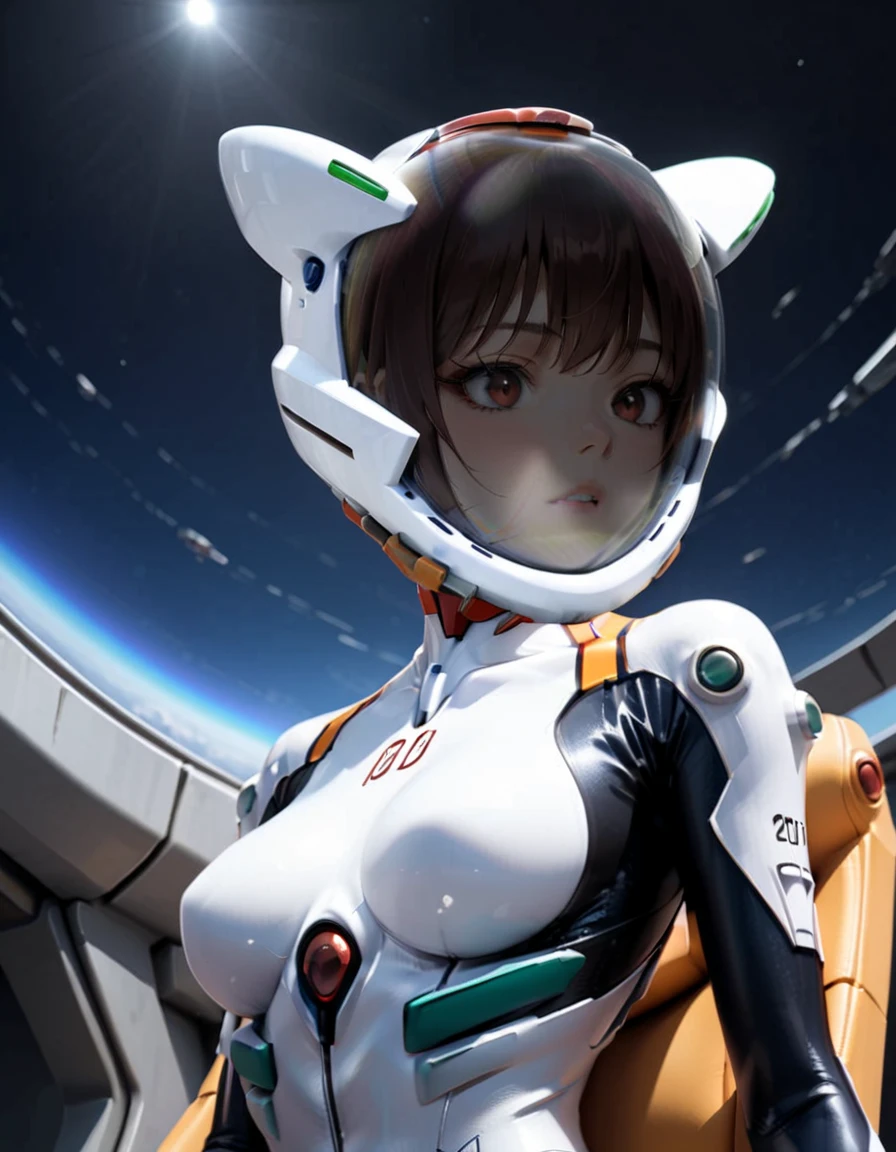 ( short hair,emo, blue hair, red eyes, eyeliner, apocalypse, girl, nside the (cockpit) of a (futuristic spaceship:1.6), , blush,sitting on a chair, covered navel, space helmet, muvluv, eva helm, plugsuit , evangelion, helmet, eva helm,plugsuit, WHITE bodysuit,evangelion,WHITE helmet, space helmeT, cat ears, GIRL, short hair, ,, SPACE SMILE, upper body, from from below