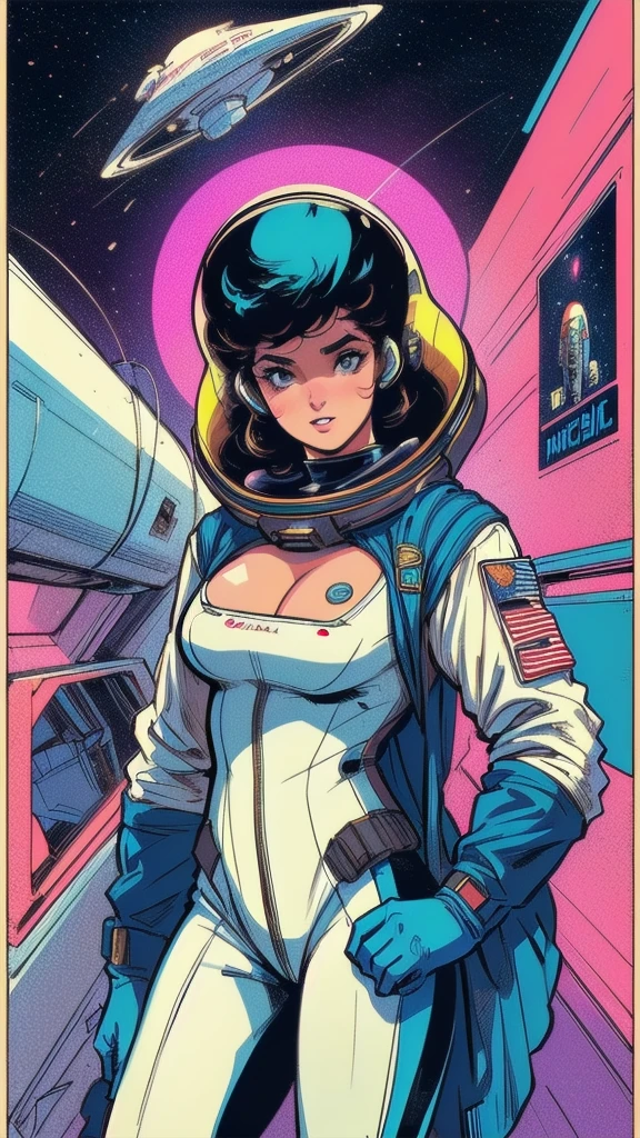 ((( Best Quality Masterpiece ))),(((Absolutely one woman))),(spacesuit that emphasizes cleavage ),((( 70s and 80s space thriller movie posters))),( American Comics ),((( retro vintage style ))),Overwhelmingly complex depiction,Absolute machine group background, futuristic cyberpunk ,Extremely accurate and delicate depiction,