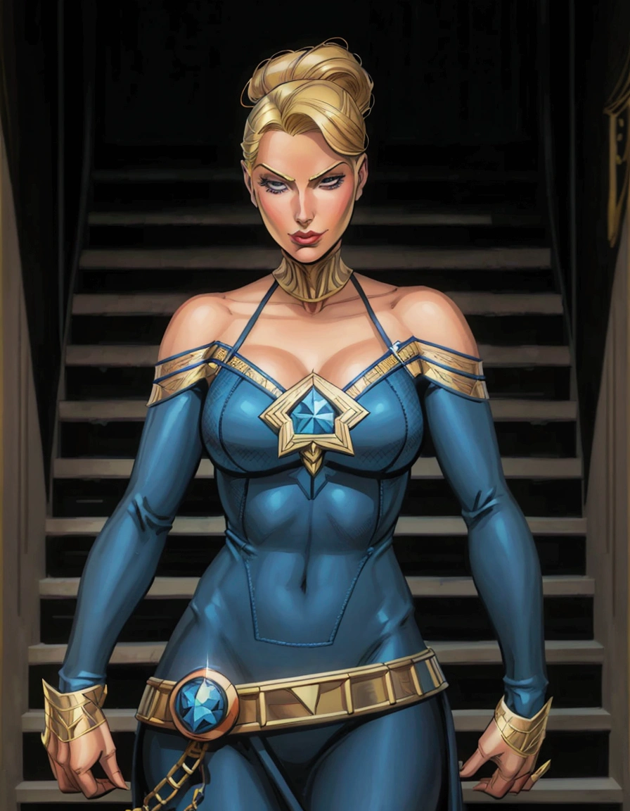 Young blonde woman, 30's, blue suit, Golden accessories, background stairs. ((comic style, digital art, comic digital art))