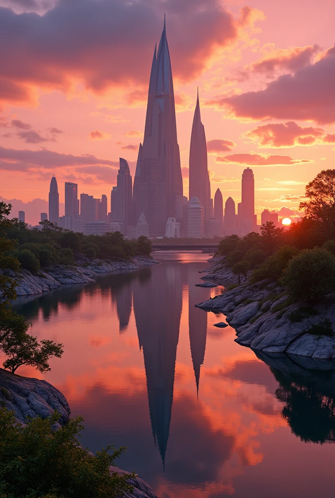 A beautiful and emotional view of a futuristic city reflected in a round puddle on the sidewalk, showcasing realistic details, vibrant colors, and an atmosphere of wonder, cyberpunk, cityscape, reflection, water.