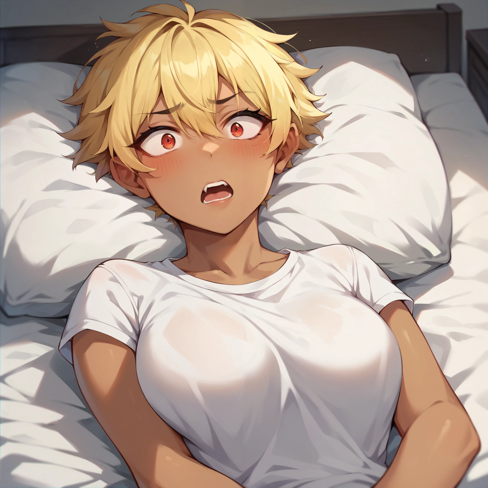 NSFW，POV，looking at viewer， norngreyrat, norn greyrat, bangs, blonde hair, green eyes, ahoge,flat chest， naked，missionary，(embrassing,blush:1.8),(vapor:0.8),(Wet:0.8),(Sweat:0.8)， bedroom，on the bed，closed eyes and mouth