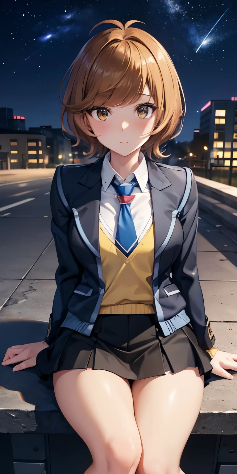 1 Female,High definition,high resolution,Ultra-realistic,8K, hmza, short hair, antenna hair, brown eyes, school uniform,( blue necktie), (yellow shirt),(black jacket), long sleeves, black skirt,tight skirt , ((miniskirt)),European,sexy,Upper body close-up,Photographed from the front,Dynamic Angles,private teacher,blush, medium tits ,outdoors, moonlight, dark sky, buildings,full body,4k, ultra high definition, perfect face, detailed face , sitting ,(pov, closed shot:1.2),  thinking , shooting star ,wide thighs 