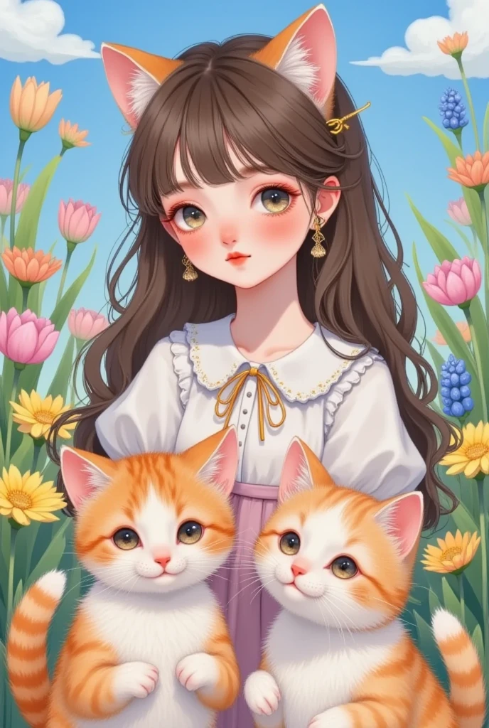 A painting with a girl and two cats and a cat, Portrait of a character, Popular in the CG community ,  furry art,  可爱的细节艺术品 , Very beautiful and cute cat girl, With the cat by her side ,  exquisite digital art ,  Lovely illustrations ,  Beeple and Jeremiah Ketner's style , Charming Catwoman , 可爱的数字艺术, Lovely art style