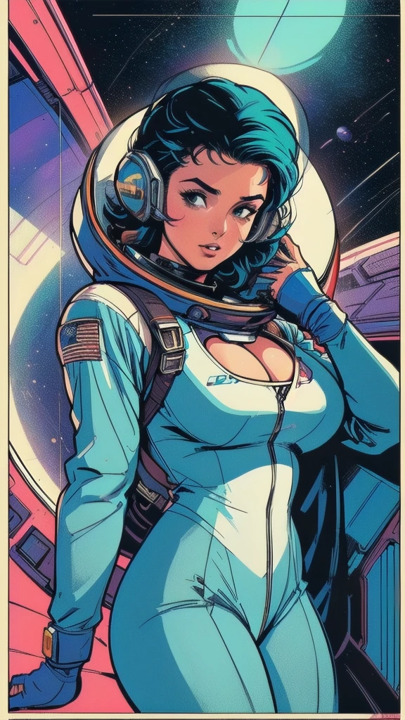 ((( Best Quality Masterpiece ))),(((Absolutely one woman))),(spacesuit that emphasizes cleavage ),((( 70s and 80s space thriller movie posters))),( American Comics ),((( retro vintage style ))),Overwhelmingly complex depiction,Absolute machine group background, futuristic cyberpunk ,Extremely accurate and delicate depiction,