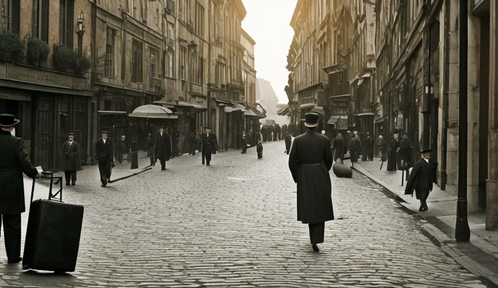 A cinematic view of a traveling salesman walking through the cobblestone streets of a European town in the early 20th century, observed from an overhead perspective through a window on at least the second floor of a tall building. The camera looks down on the scene, capturing the salesman as a small, solitary figure in a long coat, carrying a worn leather suitcase. The elevated angle emphasizes his isolation against the backdrop of tall, weathered buildings and the textured cobblestone streets. The muted light of an overcast sky enhances the somber, reflective atmosphere, as if the viewer is silently watching from above, detached yet intrigued by this fleeting moment in time.