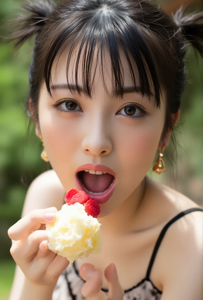  has his mouth wide open,((masterpiece,best quailluminationy 1.4)), (8k,  RAW Photos:1.2), (Realistic,photo Realistic:1.4),   ultra high resolution , (   very detailed 8k wallpaper   ) ,Japanese Idols, Japanese actress, Japanese,   very cute  , Big Eyes,  Face and eyes 、 carefully drawn down to the details 、 blood is coming back to the face ,    A beautiful eye in every detail  ,shiny skin,Portraiture,(  twin tails :1.2),(smile:1.3) ,( holding soft serve ice cream in hand, soft serve ice cream around the mouth :1.2),illumination,   sharp concentration,   Written Boundary Depth , (  dynamic angle:1.4 ).     blur the background  , Bokeh, ( blouse,  ruffle skirt  :1.2) ,(  Park during the day.)