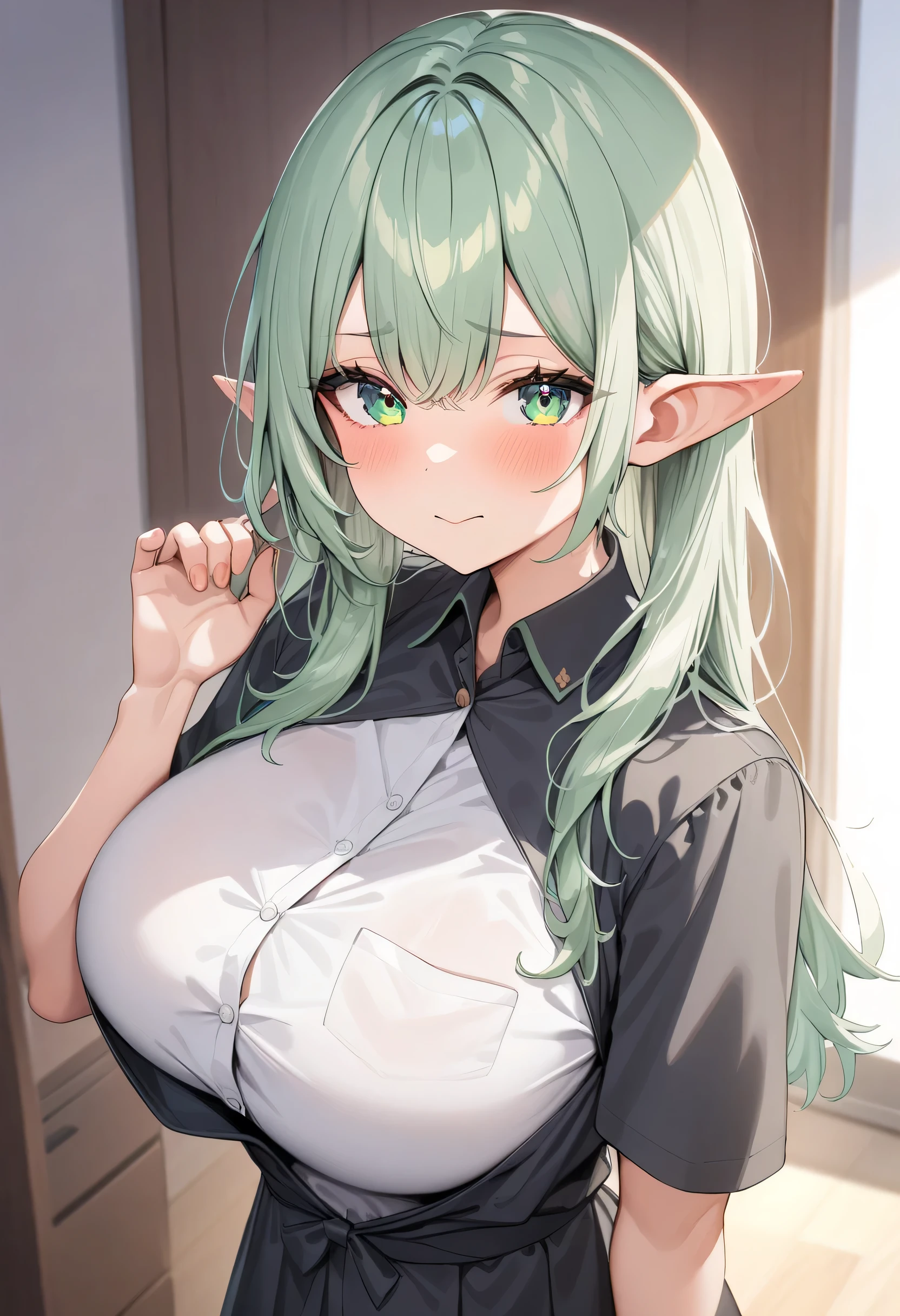   , Elf,  high resolution, masterpiece,  Top Quality ,  head up to the shoulder,  big boobs,  cute ,  green hair ,  green eyes