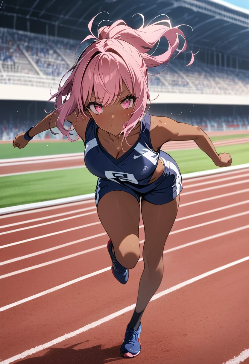 1 gir, (((high quality))), (((full body))), dark skin, pink hair, pony tail, pink eyes, wearing a sport uniform, running in a track field, background a trackfield, shining sky