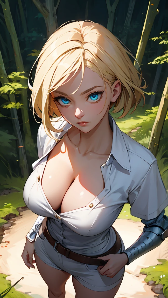 [artist:rizdraws], Ranger, blonde hair, blue eyes,  short hair, huge breasts, wide hips,
white shirt, leather armor, (cleavage), view from above,
 upper body, standing,  motion lines, 
forest, morning, 
(insanely detailed, beautiful detailed face,beautiful detailed eyes, masterpiece, best quality) 
 