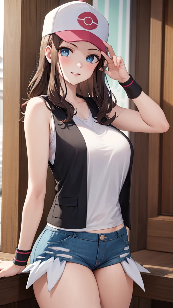 (( The best quality )), (( text)),  masterpiece,  absurdres,  extremely detailed face,  beautiful face , (detailed eyes,  deep eyes ), (1 girl),  Dynamic pose ,  large upper body , hilda,  brown hair, long hair, sideburns, high collect, collect, Blue eyes,  wide hips , smiling, has, baseball cap, black vest,  sleeveless shirt ,  white shirt, wristband,  denim shorts , short shorts, , Shoulder bag, (in a temple, Tomorrow, sunrise)