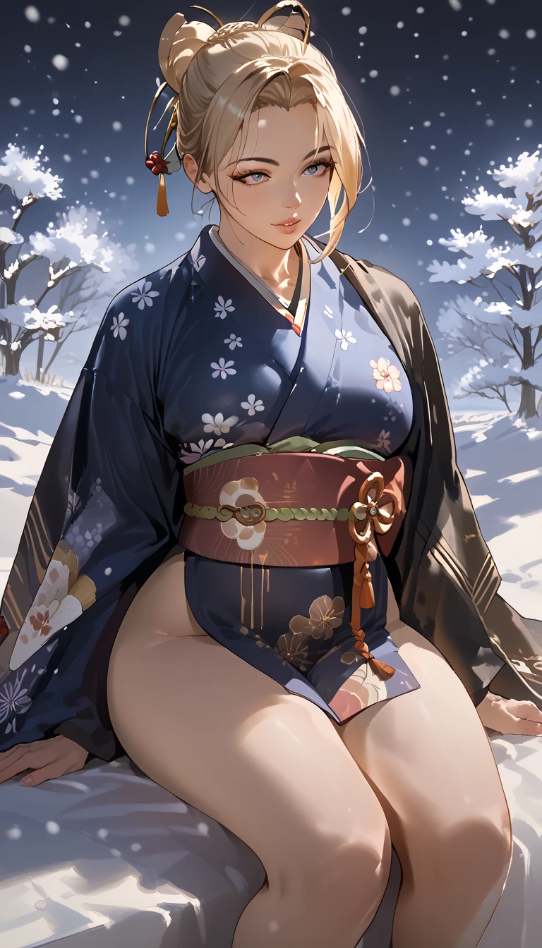 1girl, kimono, snowing, sitting, wide thighs, décolleté, big breastes, tmasterpiece, Erotica