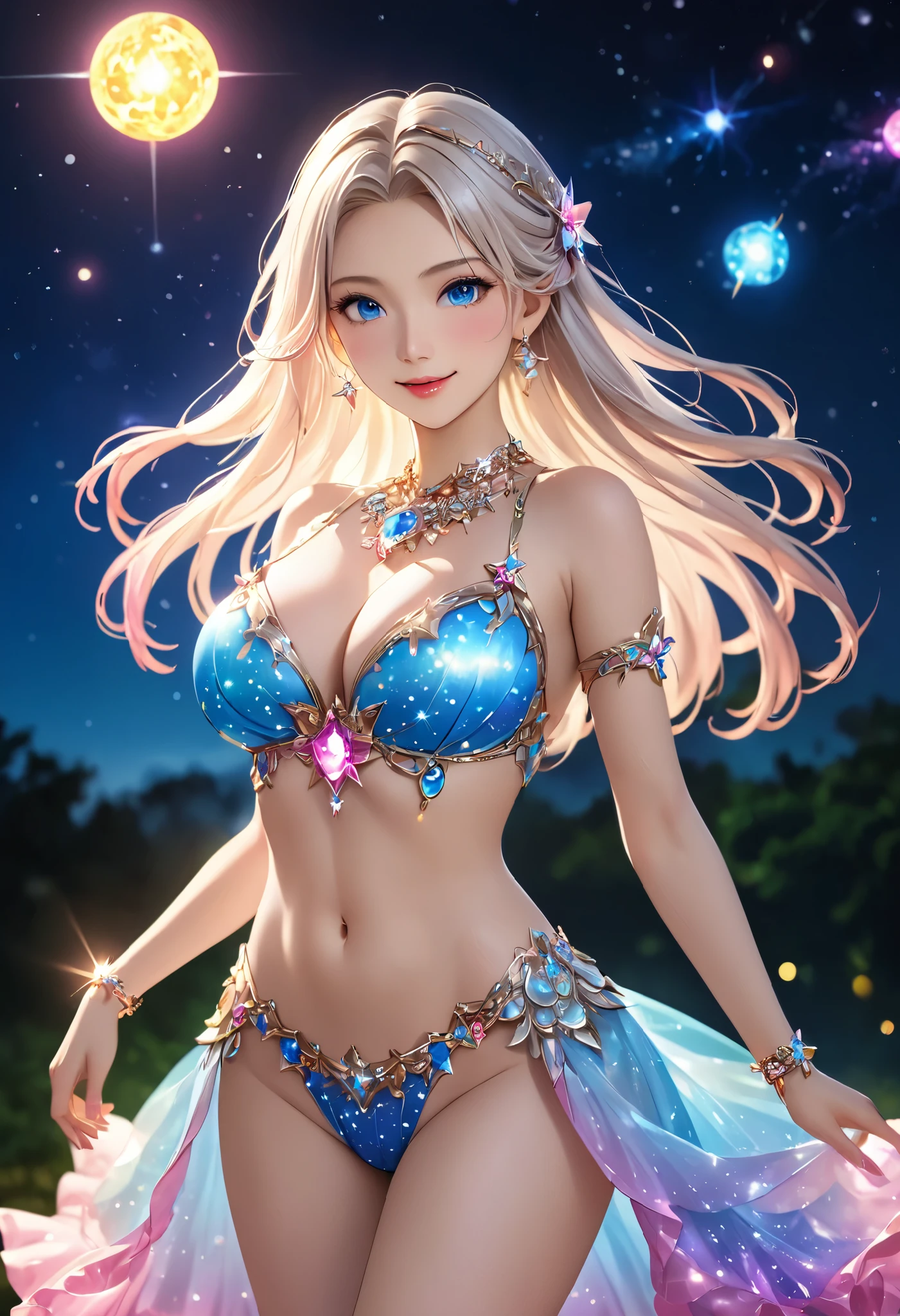 (masterpiece,  super detailed,  high definition, 8K wallpaper),  1 girl,  pretty face, Beautiful blue eyes ,  Pretty Pink Lips ,  silver blond long hair, whole body, barefoot,  has an anatomically accurate and beautiful figure,  bare shoulders,  Big Breasts ,  showing belly,  beautiful, glowing skin ,  dynamic dance ,  jewelry,  Gorgeous Dance Costumes ,  colorful ,  elegant ,  Detailed Character Designs ,  colorful ,  elegant ,  Game Character Costume Designs ,  colorful , The light is reflected on the costume and it emits light,  look at me and smile,  depth of field, background, Night Sky, star空, 鮮やかに輝くstar, star, star雲, Celestial Bodies, 惑star,  Detailed Illustration Art , 