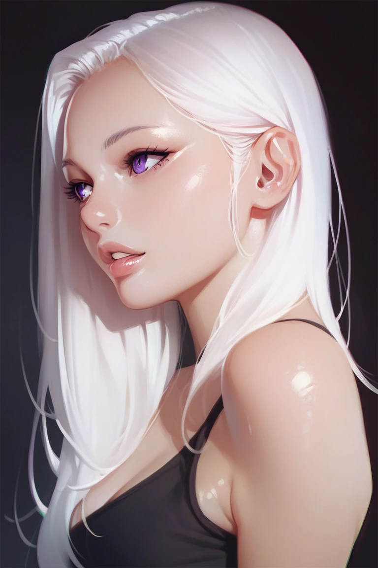 1girl, long white hair, purple eyes, parted lips, wearing black cropped top, looking at camera, detailed, best quality