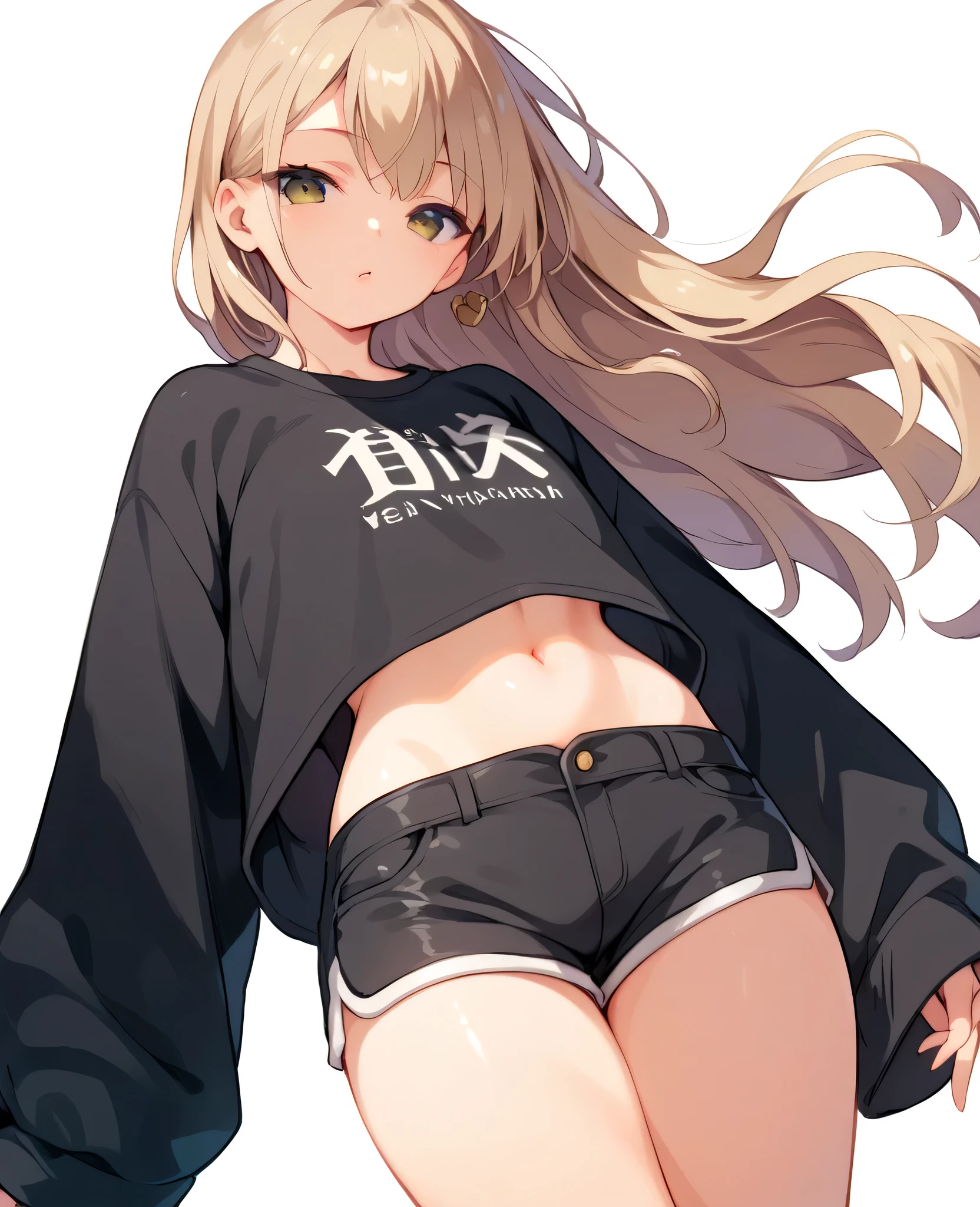 Girl standing posing, Anime girl style, pale light yellow skin, two pigtails wavy black hair, black hat, short white shirt, open black jacket, ripped jeans, white tennis shoes, silver chain necklace, golden circle earrings, smiling face closing eyes with blush, pussy, standing up in her bedroom, lencería,NSFW,breeches, babydoll, body, usando calzon negro y brasier negro, tiene pene