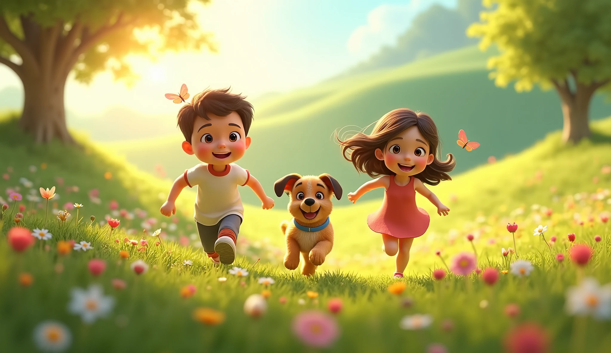 Create a picture of children playing with animals with plants around them