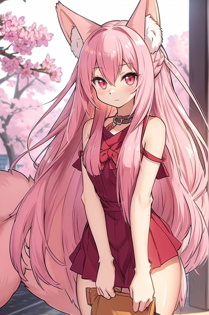  1 girl, fur on FL, fox girl, fur on FL female, fox ears,  animal ears , Nazuna_Hiwatashi, Pink Hair,Long Hair, red eyes, (Animal Nose, triangular nose ),  fox ears, ((bushy Tail, Tail)), fluffy fur