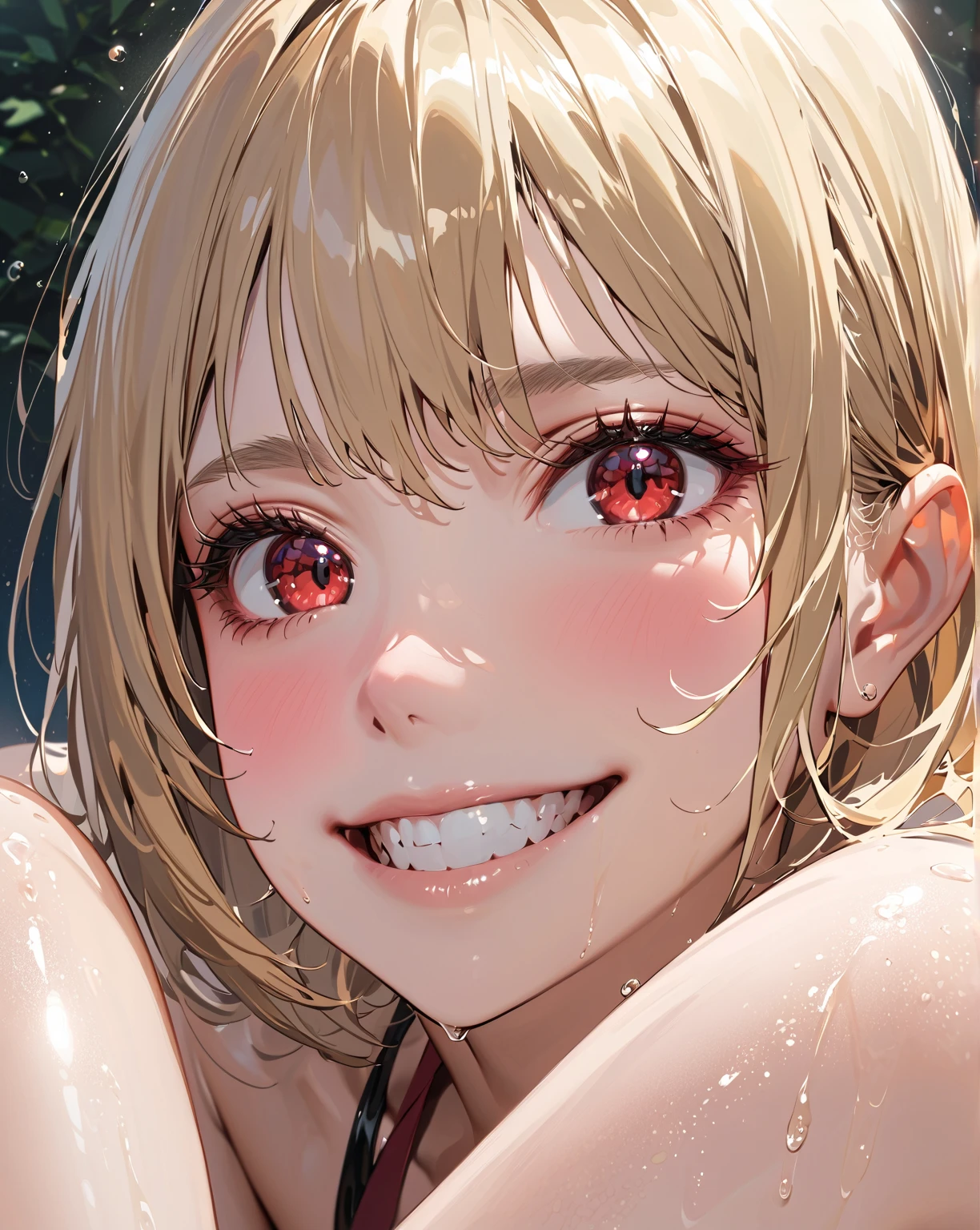 full-length, (((1girl, solo))), elf, elf ears, (cute face), (focusing on face), (Ideal body proportions), ((Composition from head to thigh)), black bikini suit, Drenched shortcut blond hair, (scarlet clear red eyes, tsurime), The erection, Carmelto, Sexy body, grin smile, short-hair, blond hair with burgundy tips of hair, burgundy ends of hair, shiny skin, oiled skin, slenderness, Small buttocks, Beautiful legs, Skinny Legs, One-person viewpoint, masterpiece, ((Anatomically correct)), (portrait:1.4), (((close-up))), (focusing on eyes)