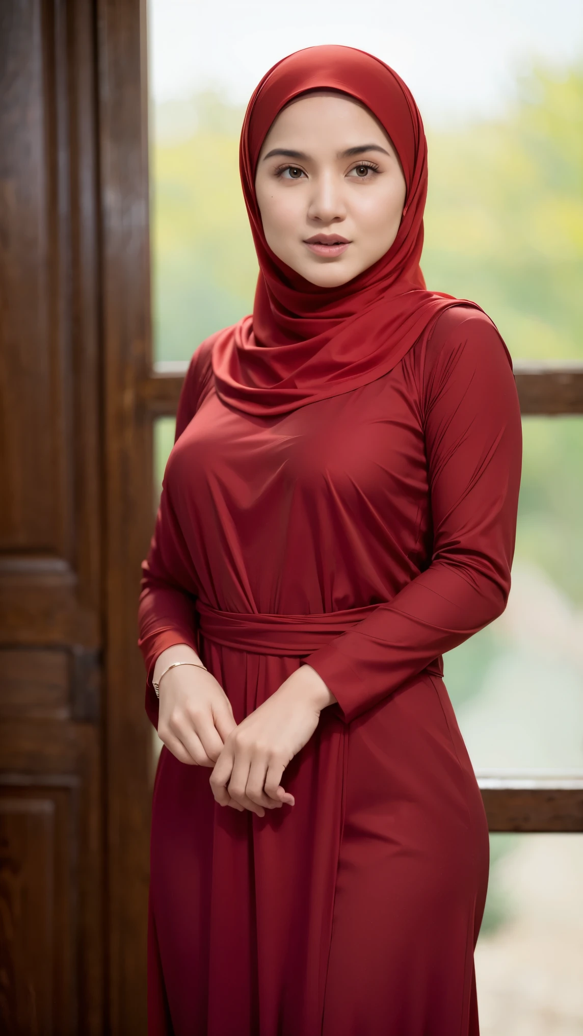 A 20 yo woman with ((red hijab)), Realistic, Photorealistic, 8K, Masterpiece, Best Quality, High Definition, Live Action, RAW Photo, Single Woman, sexy, modest red baju kurung, ((no hair exposed)), from head to hip, cowboy shot, 