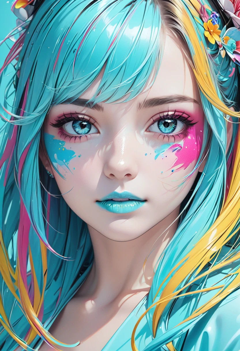 1girl, blue eye, Ink splatter, Ink drip