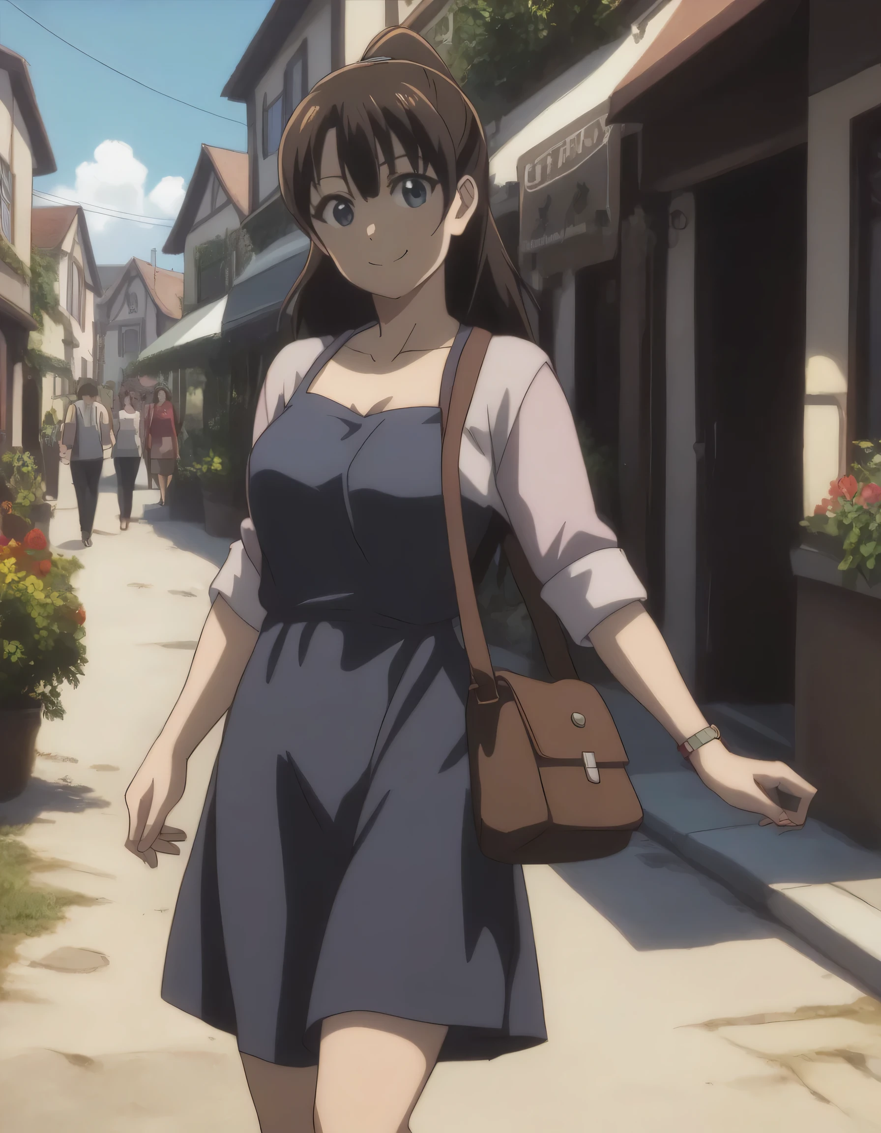 score_9, score_8_up, score_7_up, ((gsfghtr)), casual dress, ((long straight hair)), 1girl, bright, best lighting, smile, town, blue sky, sling bag slung across chest