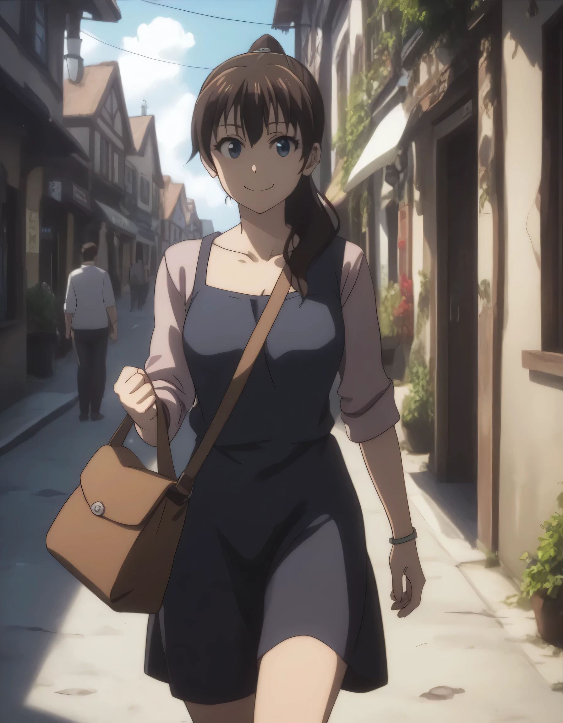 score_9, score_8_up, score_7_up, ((gsfghtr)), casual dress, ((long straight hair)), 1girl, bright, best lighting, smile, town, blue sky, sling bag slung across chest