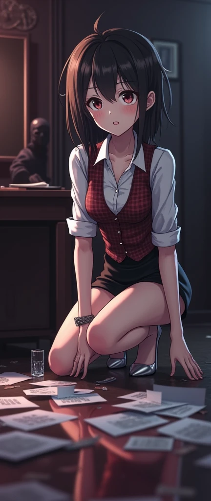 Cartoon of a woman in a black skirt bending down to pick something up, anime girl in a tight short skirt, she is wearing a black skirt, mysterious coffee shop girl