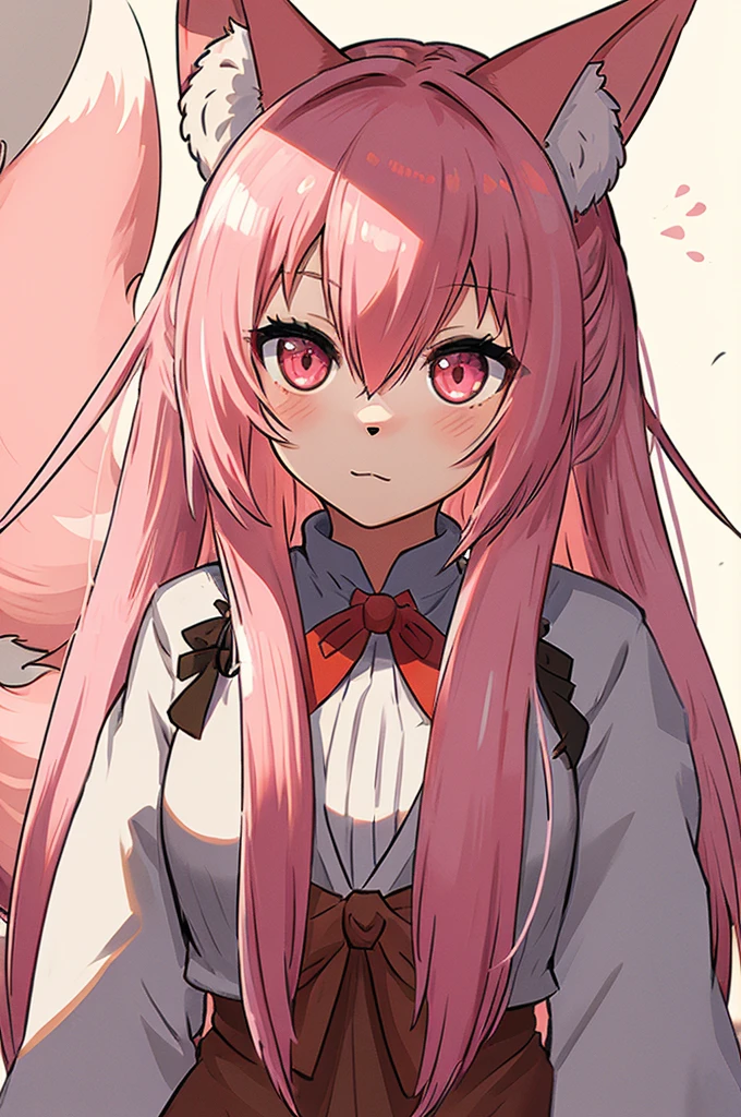  1 girl, fur on FL, fox girl, fur on FL female, fox ears,  animal ears , Nazuna_Hiwatashi, Pink Hair,Long Hair, red eyes, (Animal Nose, triangular nose ),  fox ears, ((bushy Tail, Tail)), fluffy fur