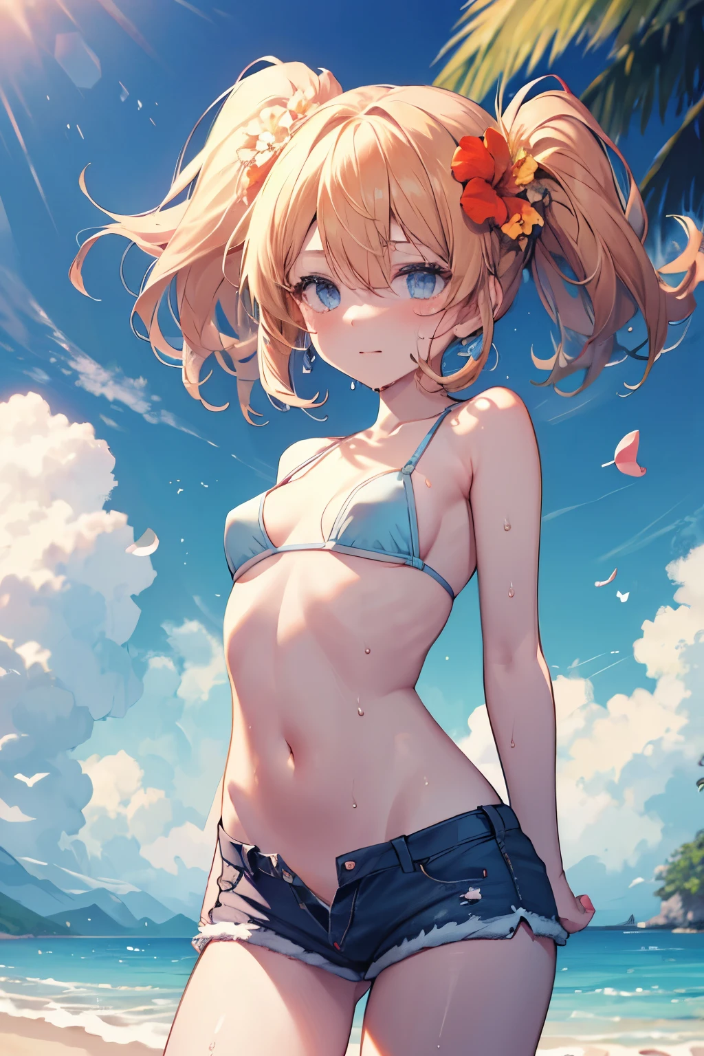 (masterpiece), (best quality), (ultra-detailed),(Style Princess:0.8), Solo, (1girl), single, The face is round and cute, (Dot pattern Panties), ( light blue panties),  light blue bra, ultra-small panties, Exposed shoulders, Exposed thighs,  only panties and bra, Nudie, (Plain panties), (Wrinkled_Panties), extreamly detailed crotch, Crotch line, Standing, Well-endowed, breasts,(Angle from below),  chuckle, My cheeks are red.Overreaction：The girl's surprised expression was、Improbable overreaction.Drawn like a manga or anime。 Cheeks and hands are depicted,yellow Hair,  braid, (graffiti murals wall background:1.15), Brilliant Colorful Paintings, bloom, Against Wall, Bangs, reflection