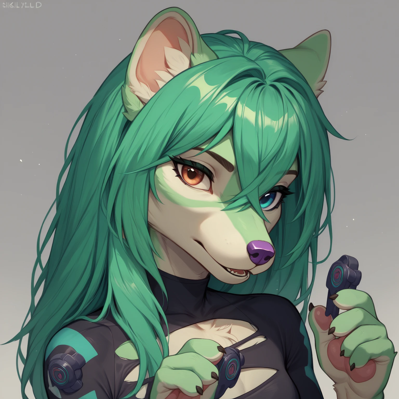 ,solo,shirley_the_medium,(short body with big head)chihuahua,canis,canid,monotoned fur,green body,green fur,green tail,green ears,lidded eyes,long eyelashes,anthro,purple nose,glistening eyelids,heterochromia,long hair,crossed bangs,show fullbody,purple pawpads,4 fingers,3 toes,naked,nsfw,becoming titan sized,torn red wetsuit,