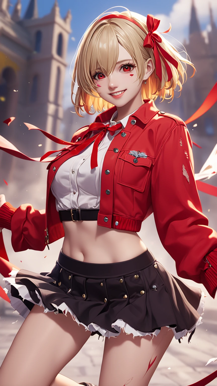 high quality, best quality, masterpiece, absurdres, red_jacket, ribbon, red_eyes, blond_hair, short_hair, hair_ribbon, smile, 1girl, torn clothes, cloth pieces,