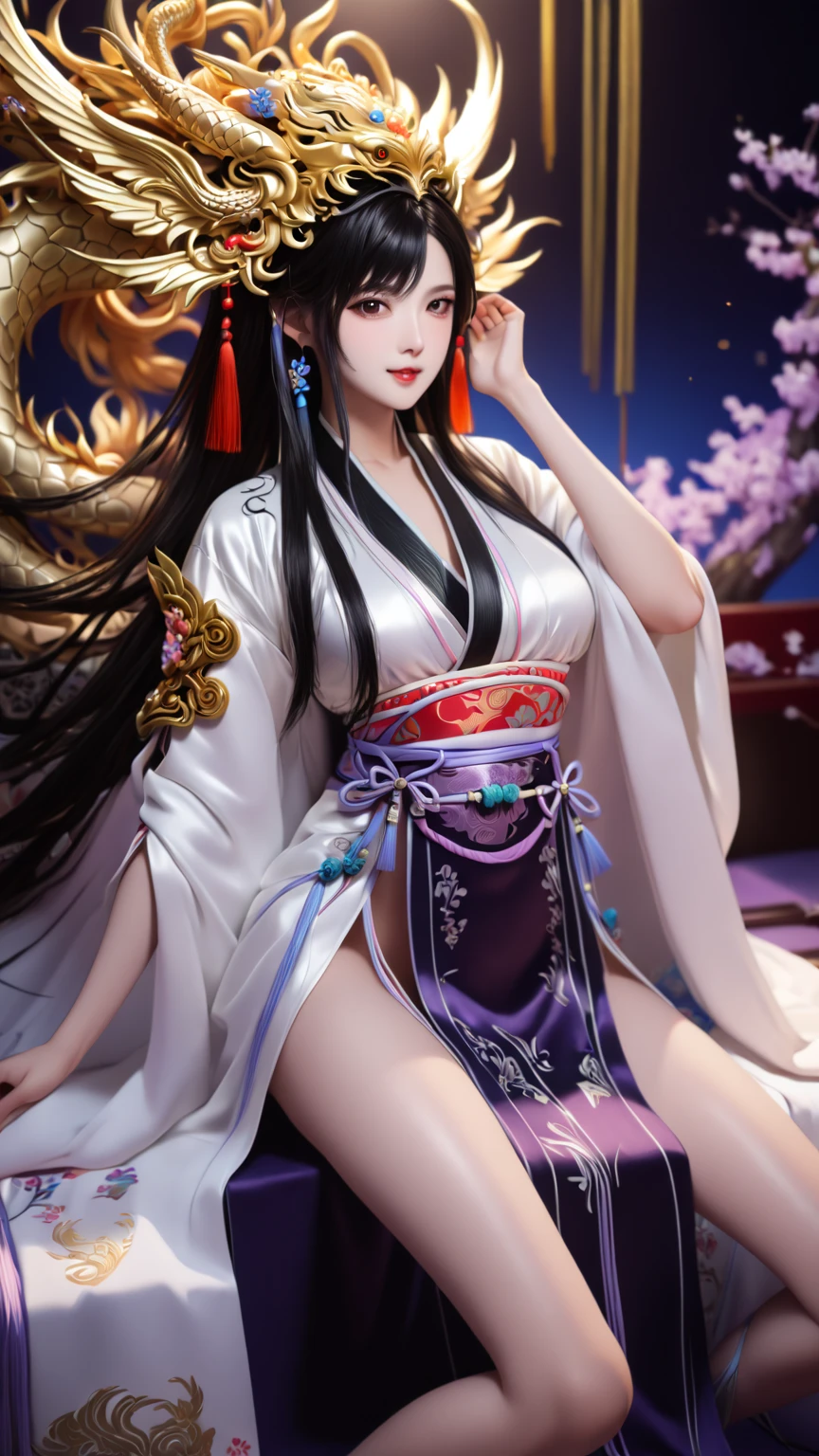 ( perfect detail : 1.5, 8K Wallpaper, masterpiece,  is of the best quality,  super detailed) A woman, Empress, Delicate facial features, Black Hair, Fine Hair, Tie hair, Golden Embroidered Dragon Robe , Hanfu, Sitting on the Dragon Chair, Hands on head, 宫殿background, Empress ( is of the best quality, 8K, masterpiece: 1.3), Clarify the focus: 1.2, beauty: 1.4, whole body连衣裙: 1.4, night户外: 1.1,  pretty faces and eyes, Double eyelids. 添加了realistic的照明 , Pay attention to adjusting the proportions. top quality ， look up， whole body， Hair Bundle， 渐变Black Hair， 无与伦比的beauty， Radiant and firm skin， beauty的女孩， Smile gently，  top quality ， Realistic， （Bright）， moonlight， night， A tight combat costume that combines fantasy and science fiction， （puzzle，  Extremely detailed CG uniform 8k wallpaper：1.5）， （beauty的乳房， Color_aberration， beauty的细节阴影， beauty的眼睛， beauty的身体， beauty的皮肤， beauty的手：1.5），（ bright colors ，realistic，Hyper-Reality：1.5），（curve，charm， seductive smile ：1.5），（ shiny hair ，Black Hair，Bright迷人的眼睛：1.5）， exquisite pattern， Intricate Details，Red blush， Shiny Skin ， Seductive Anime Girl ，[ 4k digital art],beauty迷人的动漫女人，Painting in anime painter studio，Smooth Anime CG Art，With the animation studio production， Realistic anime 3D style， 无与伦比的beauty， Glowing and firm skin，  black hair， beauty漂亮的女孩， Kind smile， 高 ponytail子，  soft lighting， masterpiece高质量,HD,16K,Sharp Line,1 Girl,fantasy, （goddess）, pretty face ,  big breasts ,  beautiful legs ,Focus Girl,detailed  pretty face , Detailed clothes , pretty eyes,Cool,Sexy, dynamic angle,穿着华服的神明Strike a pose, 古老神秘性感goddess, Traditional aristocratic beauty, beauty女战士战神 , beauty性感goddess, Gorgeous role-playing, high, beauty的年轻女孩, beauty的女人, 华丽beauty的女人, Complex clothing,Chinese Mystical Aesthetics, beauty的goddess 古老神秘女孩, goddess的华丽服饰，Extremely detailed footage, 令人瞠目结舌的性感beauty, Big breasts深领口性感肚脐（butt), (Sexy Girls), masterpiece,  Best Quality ,  bangs,  blush, Chest, clavicle, Eyebrows visible through hair, (Gradient dark hair ), Jewelry, Long hair,Bright的眼睛, ring, (solitary), illustration, fashionable, miss, Strike a pose, background, element, Confident, Express, Accessories, majestic, striking, Key Points,  dynamic posture, A woman wearing a tight combat suit that combines fantasy and science fiction,Viewer,(((Full breasts, Keeley University))),Slim waist,( Showing the Navel ,Bare waist), Long hair, Extremely detailed details, 详细的fantasy艺术, Stunning character art, beauty精致的人物艺术, Beautiful dress,  very detailed ， ultra-wide-angle shot ，whole body镜头拍摄，Close-up of body，whole body出镜，柔和动漫illustration, 柔和的深色background，Fujifilm XT3  clearly focuses , f 5.6,  high detail ,  clearly focuses , ( natural light), (tempting)translucent, Good velvet quality, contrast, Divine Light,, 夜空background, Absolute Strength,Female gods，穿着性感融合奇幻与科幻的紧身战斗服的Female gods,， big breasts ，beauty的Chest，Golden ratio figure，Beautiful figure， ultra-wide-angle shot ，whole body镜头，Close-up of body，whole body出镜， Wearing a lace dress,  Model Shooting Style , (Extremely detailed CG 8k wallpaper unit), 世界上最beauty的艺术照片, , 8K 超HD, ) ，Sexy姿态，Sexy表情， Best Quality ,masterpiece, Ultra High Resolution ,( actual :1.4), original photo, Ultra High Resolution , ponytail, Hairpin, Hairband, Cat ear headphones, Happy， big breasts ，Big breasts