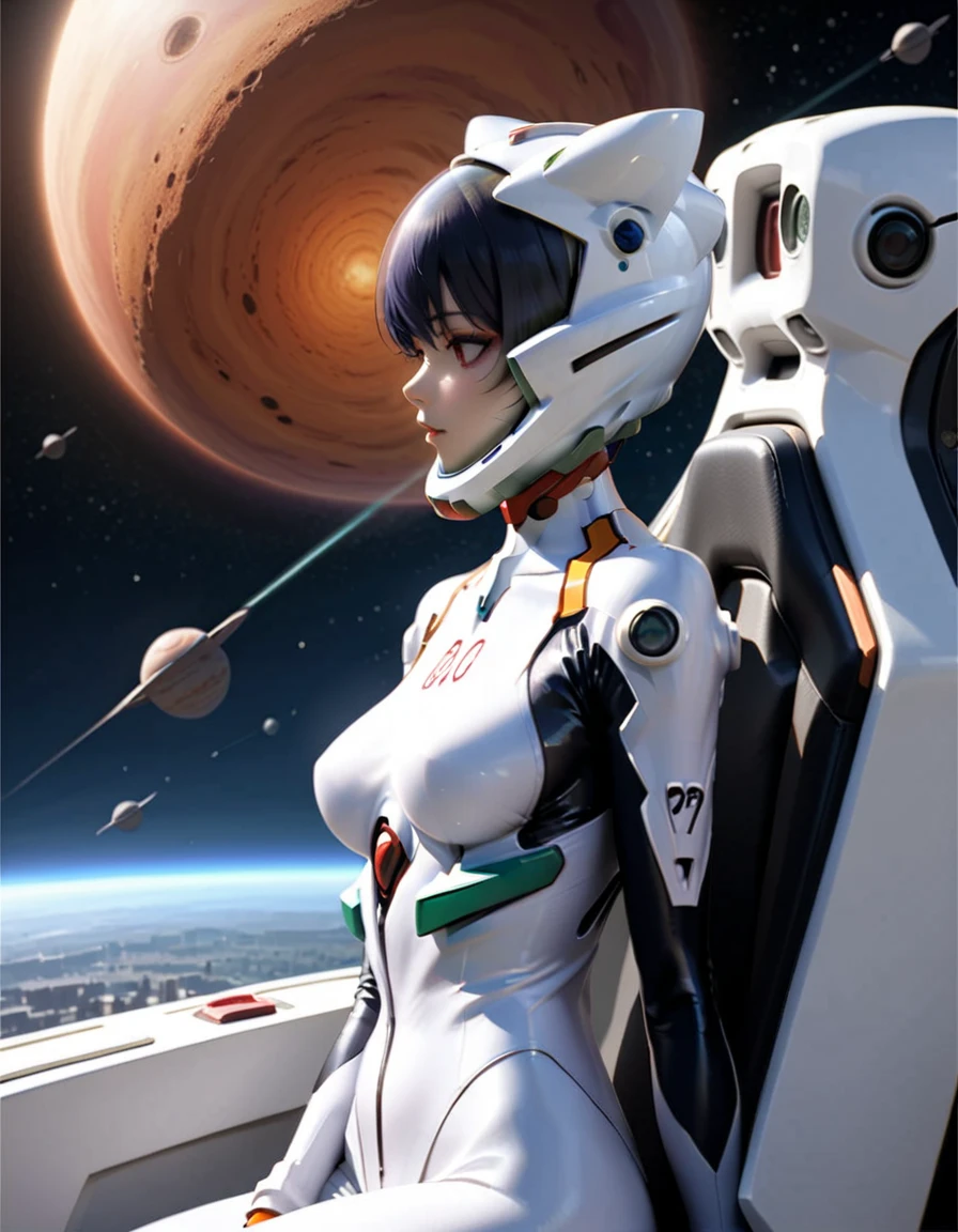 ( short hair,emo, blue hair, red eyes, eyeliner, apocalypse, girl, nside the (cockpit) of a (futuristic spaceship:1.6), , blush,sitting on a chair, covered navel, space helmet, muvluv, eva helm, plugsuit , evangelion, helmet, eva helm,plugsuit, WHITE bodysuit,evangelion,WHITE helmet, space helmeT, cat ears, GIRL, short hair, ,, SPACE  SMILE,  upper body, from side, from 