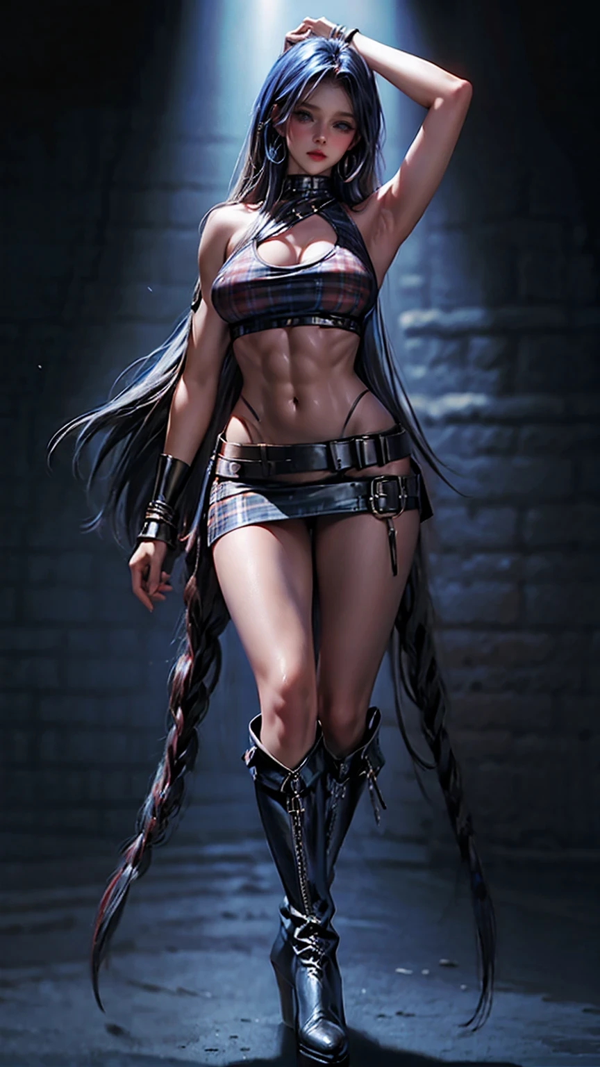 Long Hair, blue eyes, chest wearing a black crop tank top , Red Plaid Skirt , ( Leather knee-high boots ), exposed shoulders, (whole body), Big Breasts , abs, Viewers, Best Quality Masterpiece , , Holopunk Style , (nsfw:1.0), Erect nipples