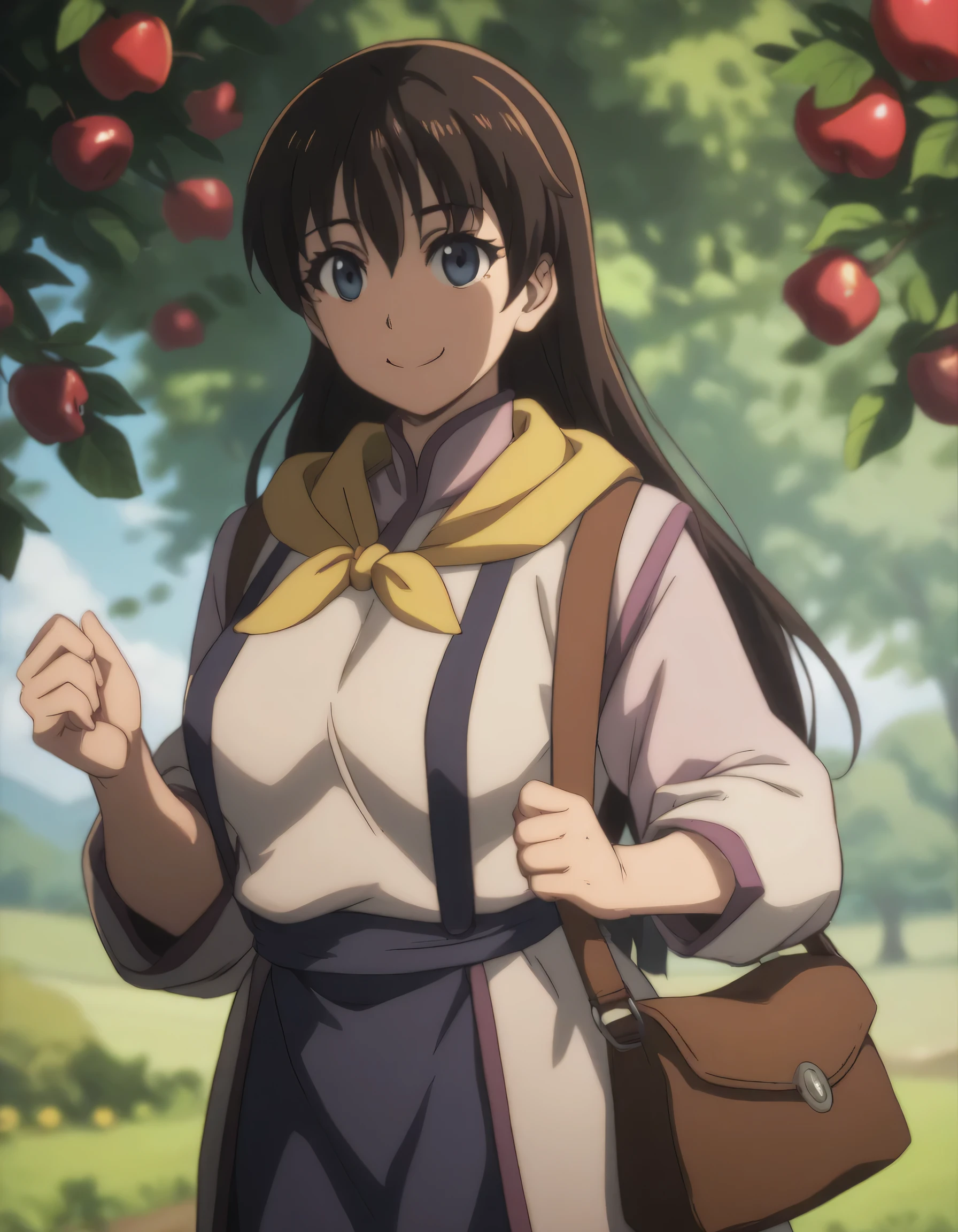 score_9, score_8_up, score_7_up, ((gsfghtr)), multicolored robe, neckerchief, ((long straight hair)), 1girl, bright, best lighting, smile, apple orchard, blue sky, sling bag slung across chest