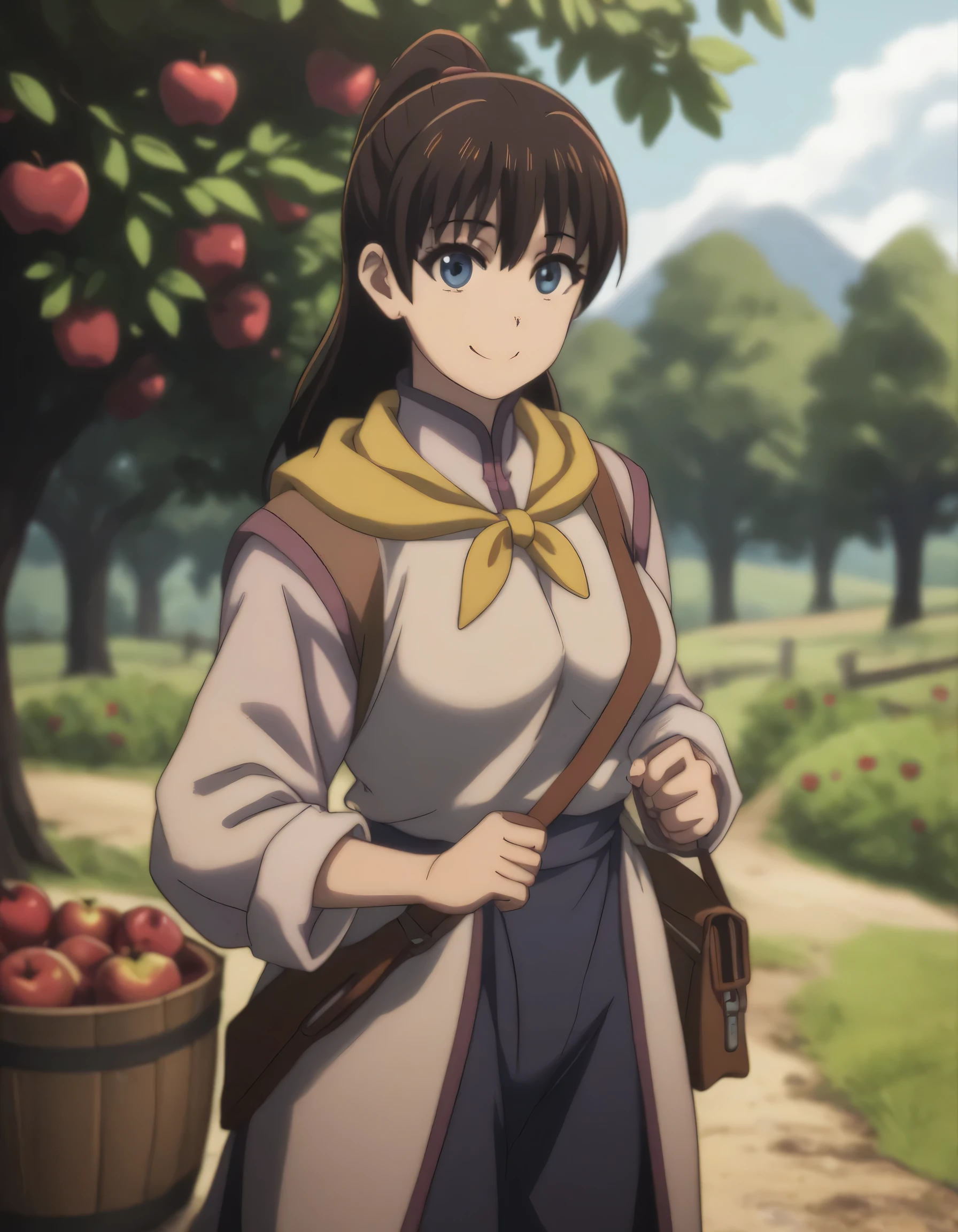 score_9, score_8_up, score_7_up, ((gsfghtr)), multicolored robe, neckerchief, ((long straight hair)), 1girl, bright, best lighting, smile, apple orchard, blue sky, sling bag slung across chest