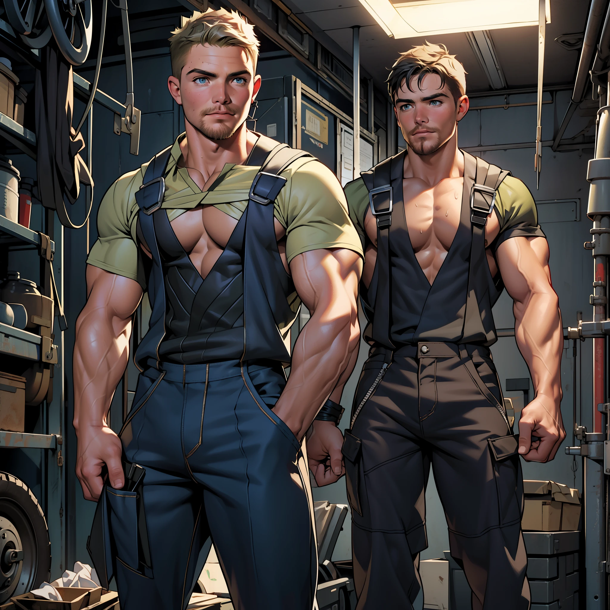 NSFW ,masterpiece , 8k , best quality ,very  very detailed face , natural eyes, 1man, young man, boy, muscled and mature, stephen amell as a mechanic wearing totally unbuttoned overall, showing COCK , his nipples and muscles , mechanic tools , sweating, tight cloth, , full body view , working  on a car