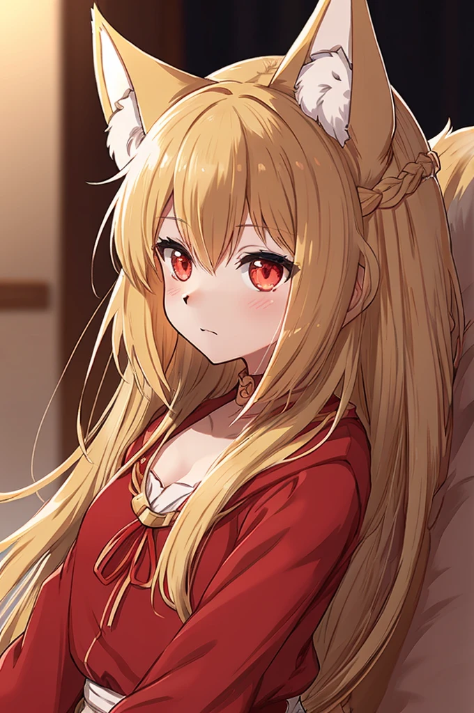 a pretty anime girl in a red sweater with long flowing hair sitting down, 1girl, breasts, twin braids, solo, braid, hat, blonde hair, blue eyes, long hair, mole on breast, cleavage, clothing cutout, looking at viewer, blush, cleavage cutout, sweater, mole, collarbone, black headwear, long sleeves, baseball cap, red sweater