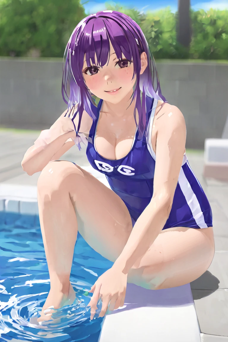 mejiro mcqueen \(umamusume\),mcqueen,  旧スク:1.35, sitting, squatting, leg_spread, very wet swimsuit:1.31, wet hair, naughty smile, blush, in heat, steam, poolside, masterpiece, best quality, ultra detailed, anime illustration, ideal anatomy, looking at viewer, squirting