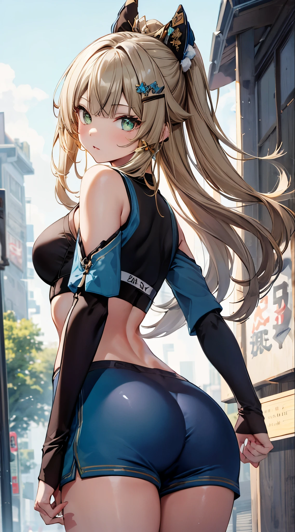 
kirara, genshin impact,1 girl, green eyes, blonde hair hair ornament, bare shoulders, black crop top,green jacket, Sportswear shorts, standing, outdoors, masterpiece, Noise Reduction, perfect anatomy, high resolution, ultra-detailed, ultra-detailed face ,beautiful detailed eyes, perfect body, visual art, sparkling pupils, looking back at viewer, (((big ass)))
