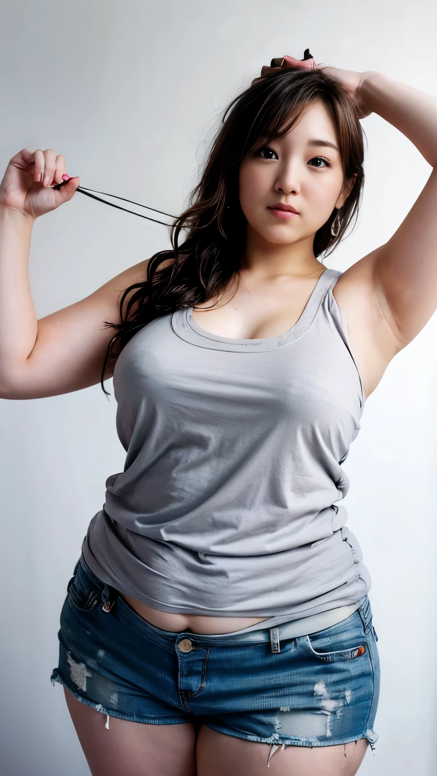 Beauty、Japanese、Big breasts、The grey Tank top is wet with sweat.、Fat women、Blank white background、 Tank top 、 Plump Body 、 big stomach