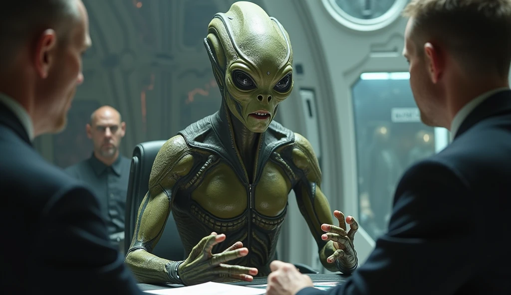 A cinematic film still of a syberart Create a tense and dramatic screenshot of an alien of being interrogated by a secret agent, set in the year 2980. Use advanced lighting techniques to capture the mood and atmosphere of the scene, and incorporate elements of the interrogation room, such as harsh lighting and sterile surroundings, to add tension and fear. Utilize a 35mm camera and anamorphic lens to give the image a classic and cinematic feel, and use post-processing software like Lightroom to sharpen and enhance the details of the image. Use a professional camera brand like ARRI, Canon, Fuji, or Kodak to ensure impeccable image quality and realism. 8k uhd,  Movie Still, Film Still, Cinematic, Cinematic Shot, Cinematic Lighting, photoreal, photorealistic, cinematic, 8k, ultra realistic, cinematic color grading, detailed faces, dramatic lighting,
highly detailed, intricate detailed textures, filmic, cinematic, environmental character portrait, photorealistic best quality, beautiful lighting,