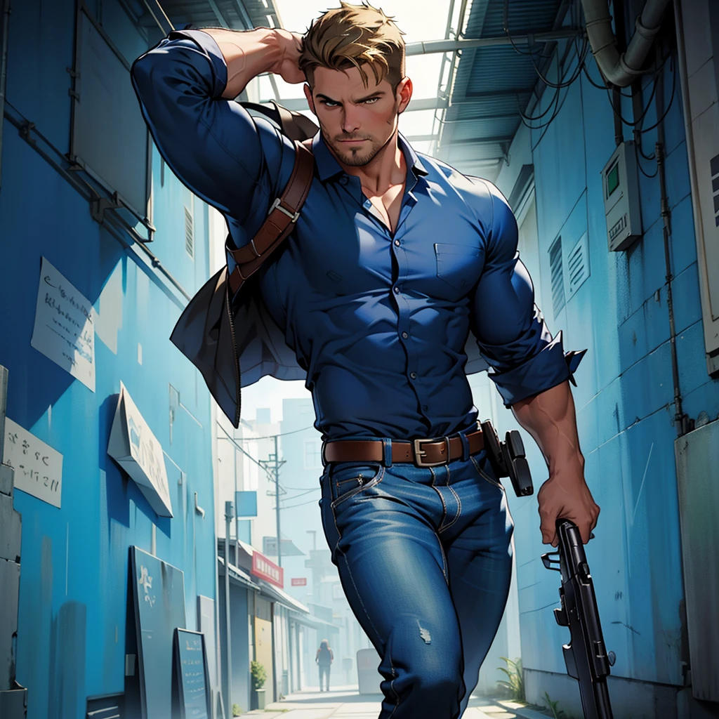 1 man, male focus solo,45 yo man,Stephen AMELL as private investigator,  lean muscle, open blue shirt, marine blue jeans with brown belt ,( big bulge), full body shot, dark blond short hair, well groomed facial hair, holding a gun with one hand, , ultra high quality, masterpiece, ( ever changing background, blue and white and green arabesques lines in the blackground)