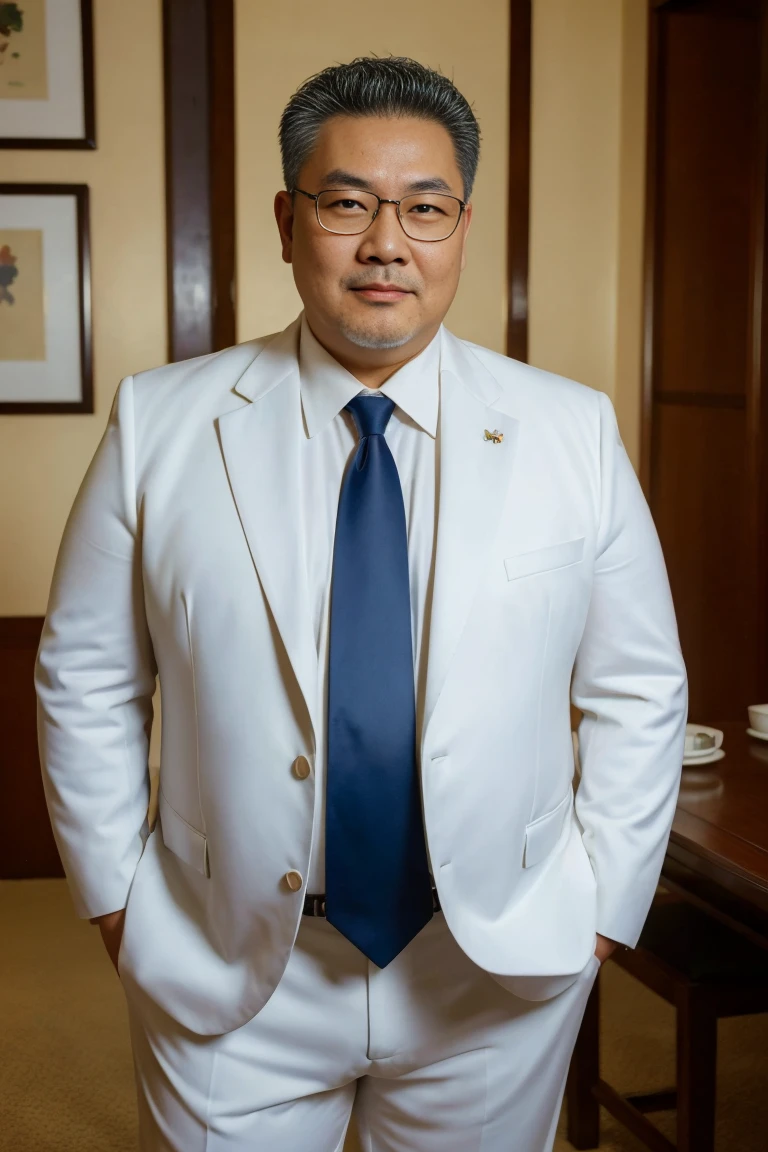 ( high quality , actual ,photo actual :1.37),( is of the best quality,4K,8K, high resolution,masterpiece:1.2),portrait,50-year-old Chinese man, delightful ,50 years,waiter,Father,type,Room ,University classroom, bright and soft lighting, rich color .navy blue suit ，Wearing glasses，fat，Beer belly，pregnant， very short hair ，White hair， overweight ，Goatee，Very short beard，整齐的navy blue suit ，tie，Sexy，kindly