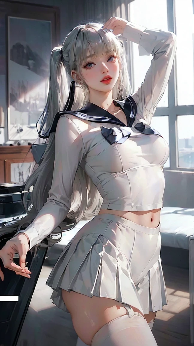 Realistically, High resolution, Female: 1 person, alone, Hip Up,(Lolita Costume)， Cute eyes, Gray Hair, Eye socket, Collared shirt, Very small tie,. 🖤,(((Full nudity))),(Spread your legs:1.4),sexy,(((Spread your arms wide))), View the viewer, (((Don&#39;t cover your lower body))),Wide open crotch:1.3, ((high detailed vagina))