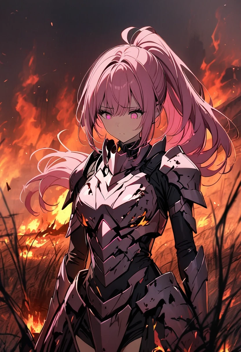 1 girl, pink hair, ponytail, pink eyes, wearing a destroyed armor, looking down, behind her is a castle in flames, background a burning sky, and dead grass