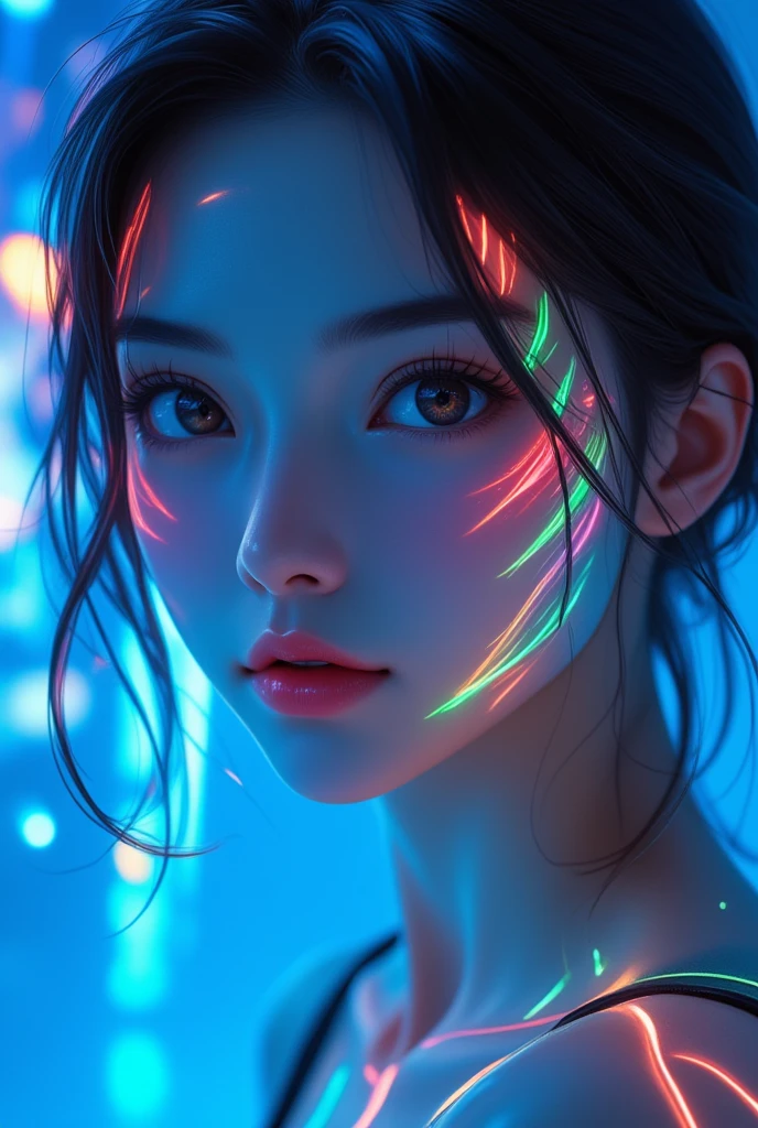 cool beauty with colorful fluorescence line face painting, background unlimited Tiffany Blue, portrait, 2.5D, artistic photography, hyper realistic, BREAK ultra detailed, absolutely resolution, best quality