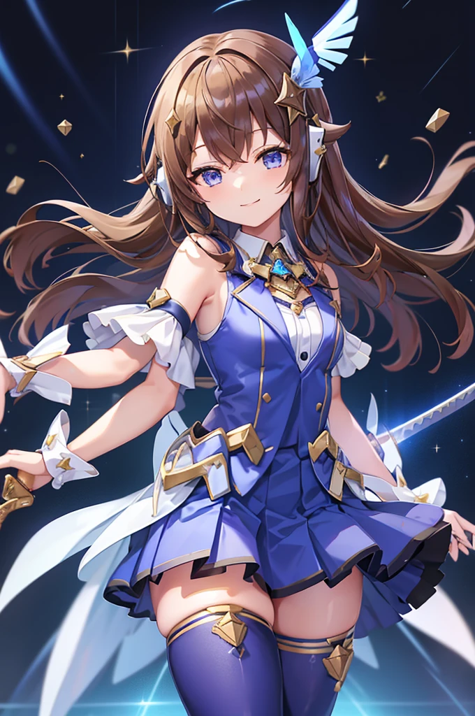  and smiles 、mecha wing、Thighs、tights、chest、 Shiny Brown Hair 、 white shirt, Blue vest,  1 girl、 solo girl 、 headphones、idol dress、idol skirt、 blue skirt 、mecha girl、 BLUE MINI SKIRT 、 I have a sword、sword、West Cape, 