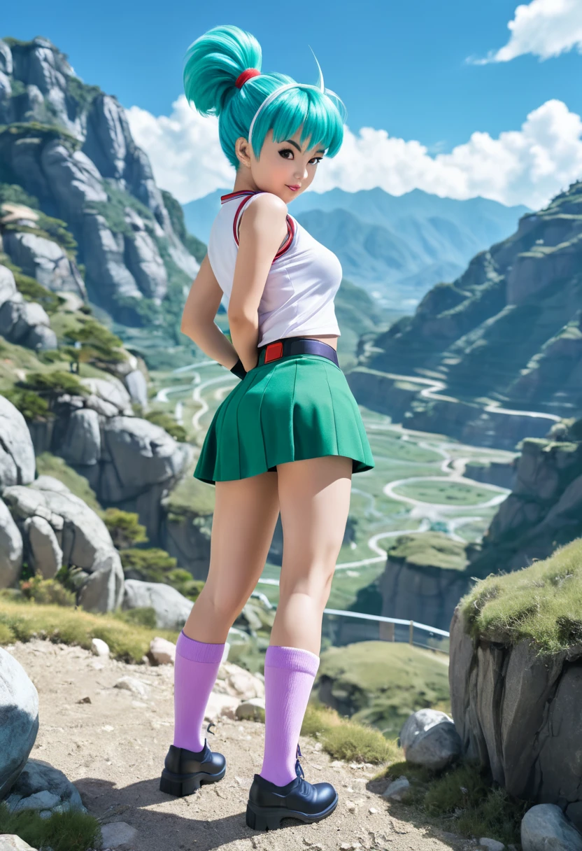 (((Android 18 Bulma Fusion))), dragon ball, blmpony, 1girl, ((blue aqua hair)), (red) hair ribbon, braided ponytail, belt, scarf, (pink crop shirt), brown gloves, bulma, (((undressing))), getting undressed, short pink skirt, , ((pussy visible)), beautiful short woman, (symmetrical beautiful detailed eyes:1.2), small stature, spreading her legs in front of rocks, mountains and waterfall in the background, raw photo, highly detailed, ultra hd, 8k (photorealistic, hyperdetailed:1.2), seductive look, skindentation, lustrous skin, (solo), top view, moist pussy