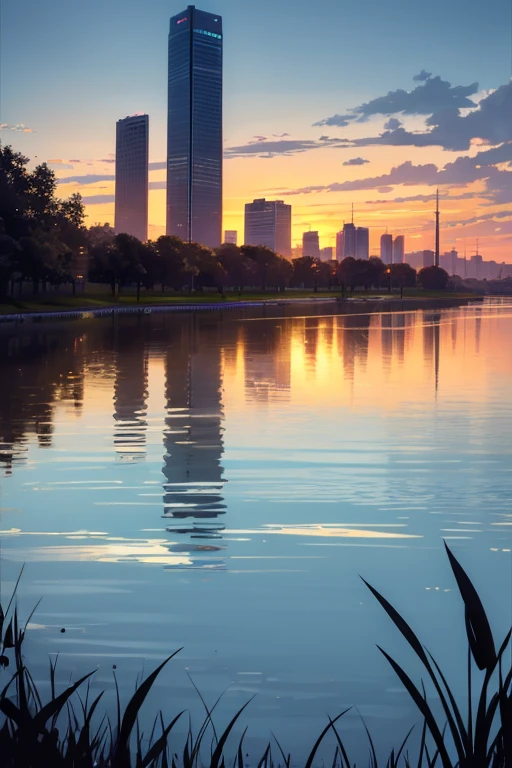  big gentle river at the end of the field　Night view of the city reflected on the surface of the water